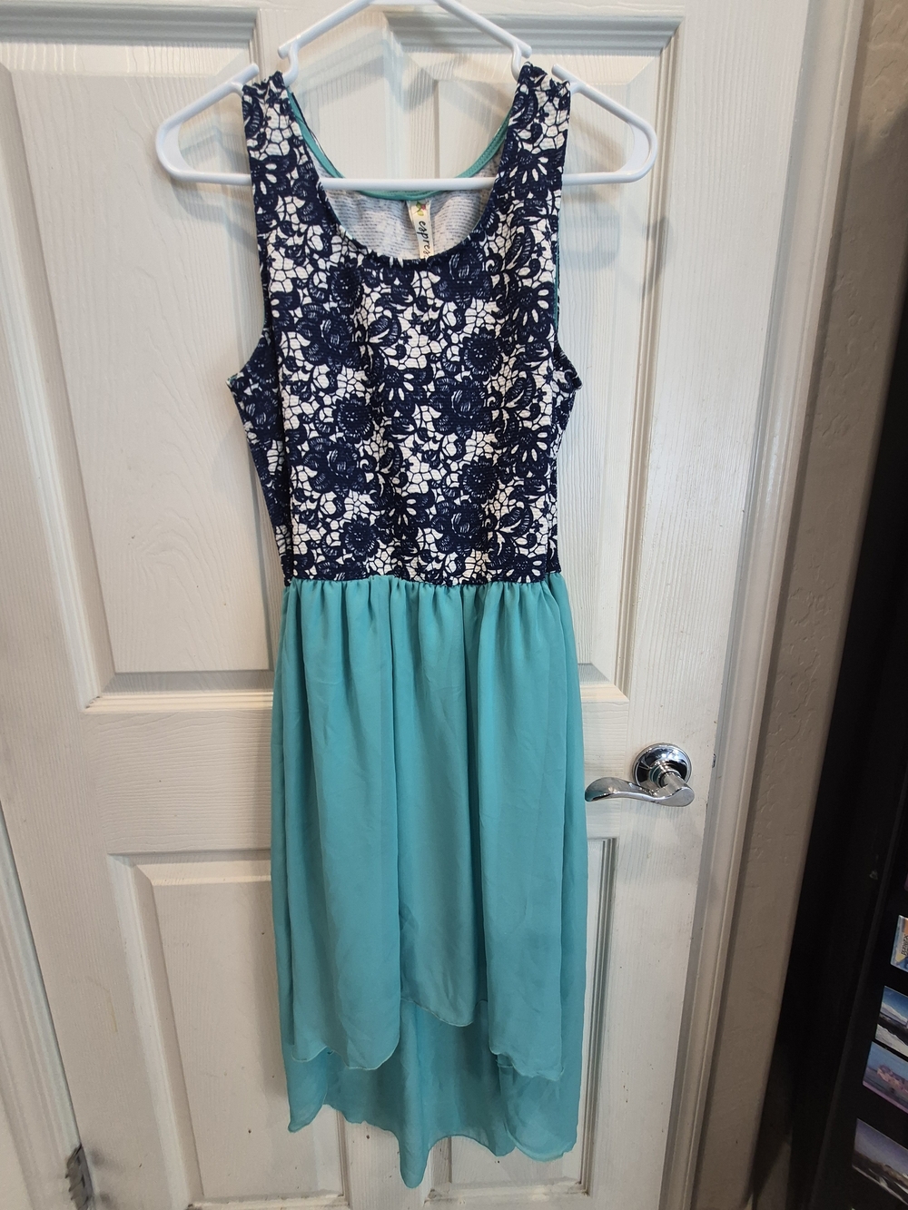 5/25 Navy Floral Lace Bodice & Teal High-Low Dress